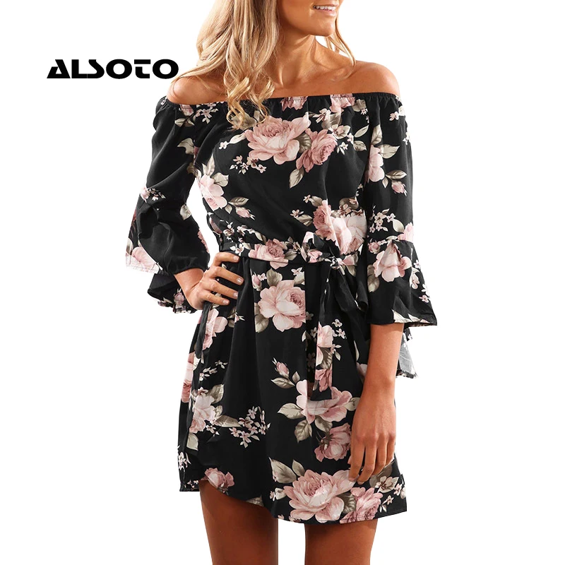 

Women Dress 2020 Summer Sexy Off Shoulder Floral Print Chiffon Dress Boho Style Short Party Beach Dresses Vestidos de fiesta