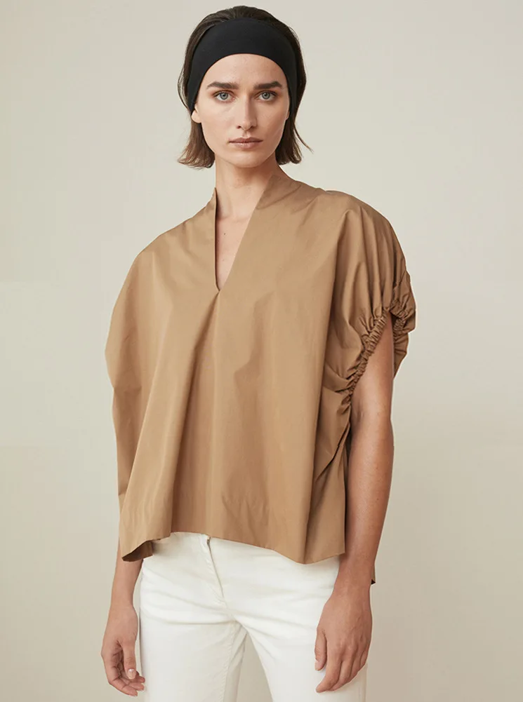 

GETSRING Women Blouses Cotton White Shirt 2018 New V Neck Short Sleeve Top White Khaki Ladies Thin Casual Asymmetry Summer Tops