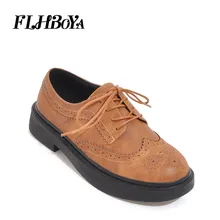 FLHBOYA британский женские Модные полный Обувь с перфорацией типа «броги» Туфли без каблуков для девочек Повседневное круглый носок водонепроницаемые Мокасины Обувь На Шнуровке на плоской подошве женские Wing Tip