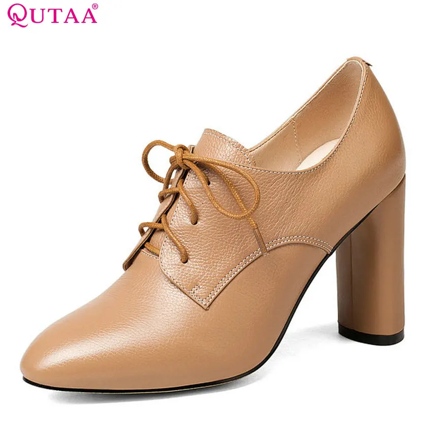 

QUTAA 2018 Women Pumps Fashion Square High Heel Round Toe Casual Cow Leather +pu Solid Lace Up Platform Women Pumps Szie 33-43