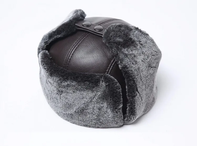 white camo bomber hat RY0202 Winter Genuine Leather Faux Fur Bomber Hat For Man Male Cold Outdoor Ear-cap Warm Ride Motocycling Russian Caps leather bomber hats