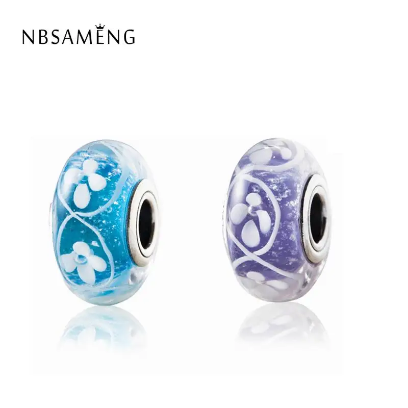

Authentic 925 Sterling Silver DIY Bead Field Of Flowers Purple Blue Faceted Murano Glass Charm Fit Original Pandora Bracelets