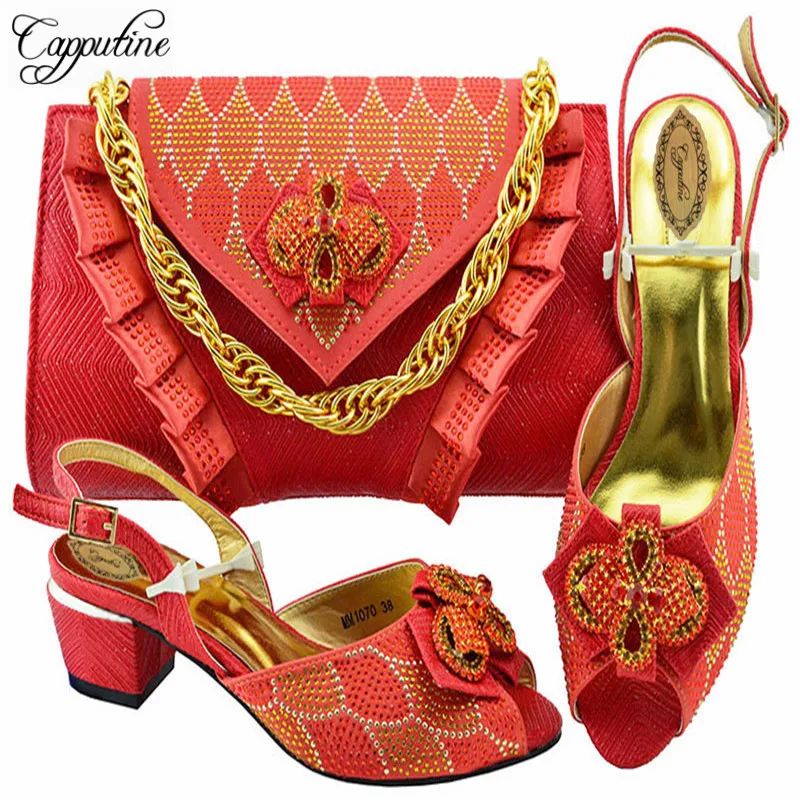 

Capputine Latest African Fashion Woman Shoes And Bags Italian Rhinestone Middle Heels Shoes And Bag Set For Party 6Colors Sale