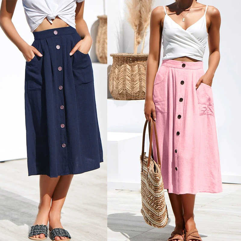 

New 2019 Female Skirts Summer Yellow Pink High Waist Pleated Skirts For Women Streetwear Ladies Maxi Skirts Pockets