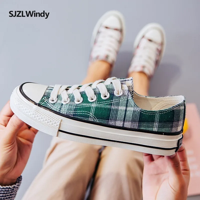 

Grid canvas shoes women's 2019 Spring and autumn Retro lace-up Korean Edition 1970S Blue classic Student Leisure flat shoes