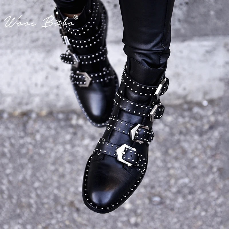 

Luxury Brand Studded Ankle Boots for Women Metal Buckle women shoes INS Street Style Shoes Woman Low Heels Shoes