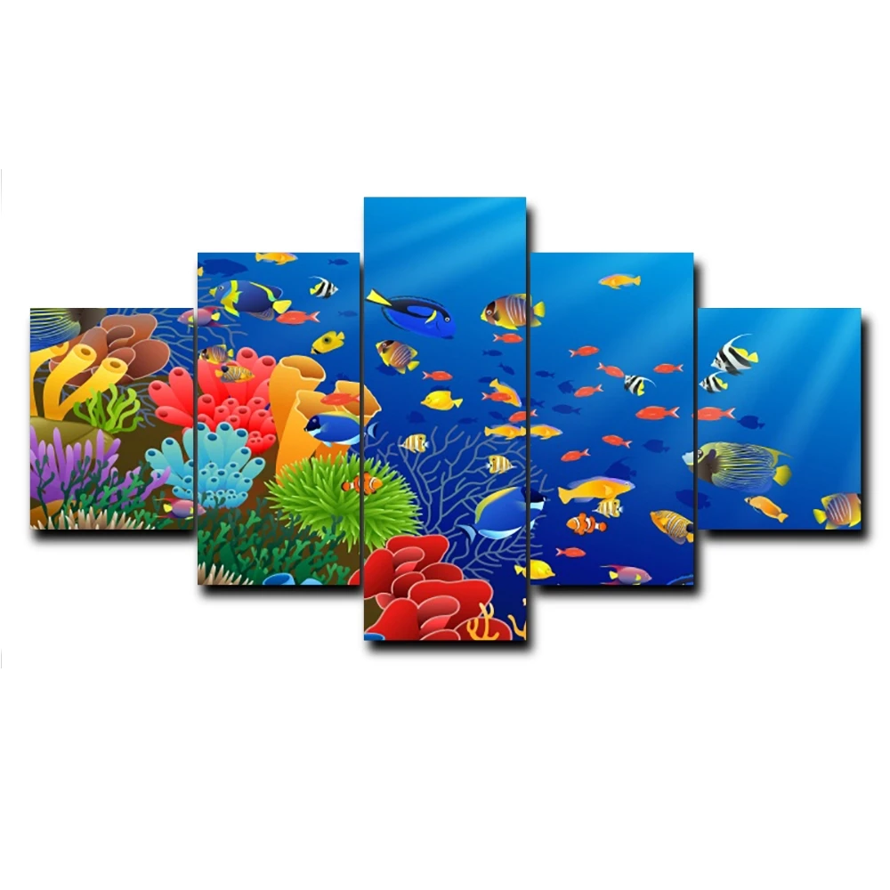 

5 Panel Cartoon Modern Canvas Painting Underwater World Fish Coral Prints and Posters for Living Room Home Decoration No Frame
