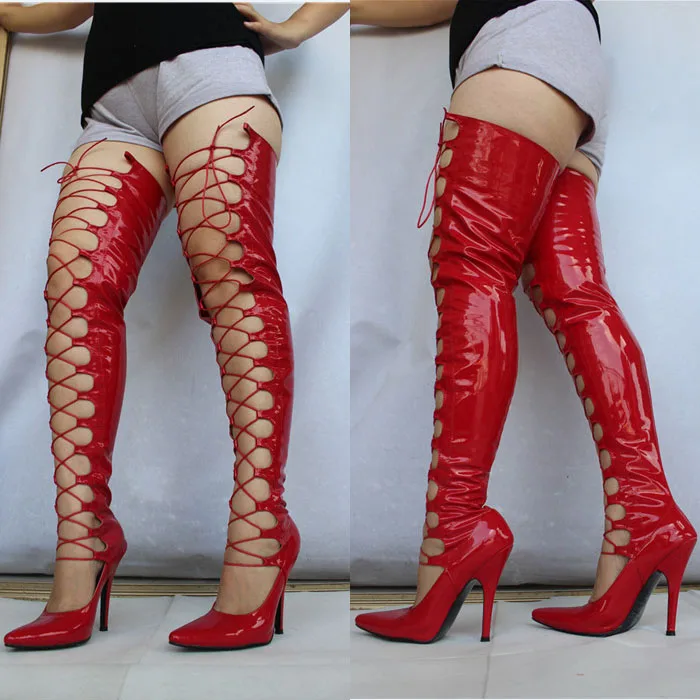 

Red Lace-Up Patent Leatherthigh High Boots Women Boots Pointed Toe Extra High Heels Made-To-Order Shoes Ladies Boots Long