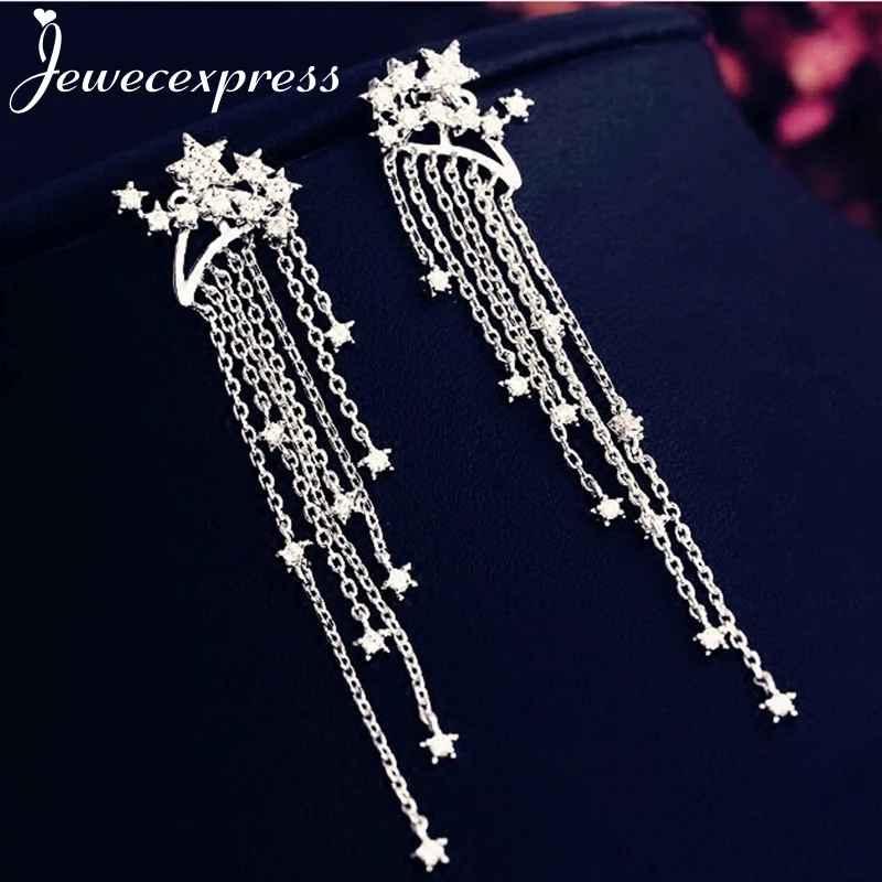 

Jewecexpress sky star fringe pendant Zircon bright silver needle Earrings