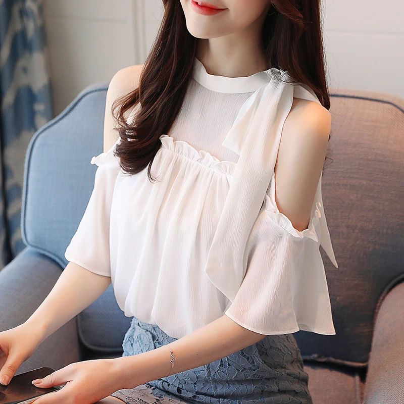 2018 nueva camisa ahuecada con hombros descubiertos y corbatín mujer, blusa de Blanco sólido de manga corta, blusas casuales con volantes, Tops 21A3|Blusas y camisas| - AliExpress