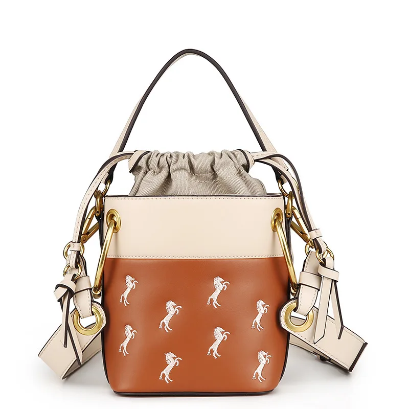 

JIULIN Leather small horse embroidery bucket French small bag gas broadband network red bag retro carry oblique bag