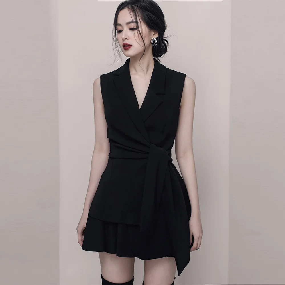 

Spring Summer 2019 New Women Lapel Jacket Umbrella Skirt Suit Drawstring Turn-down Collar Sashes Sleeveless 2piece Set Women