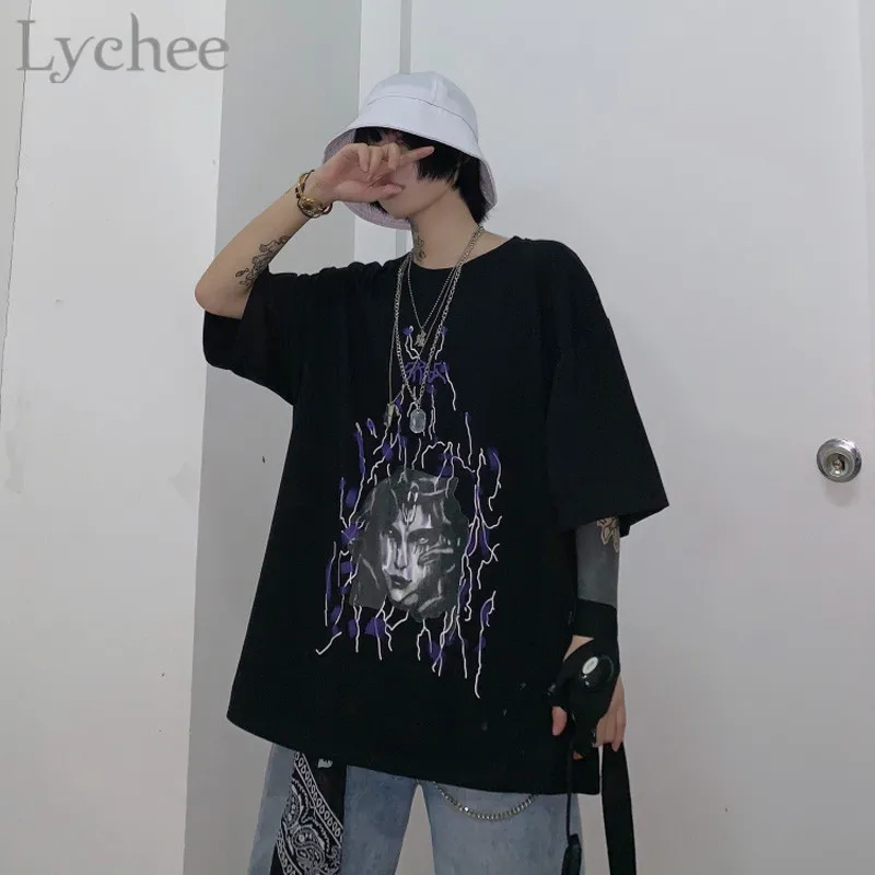 Женские футболки Lychee Harajuku с принтом лица темных молний, топы с коротким рукавом, футболки с круглым вырезом, летние женские футболки, футболка