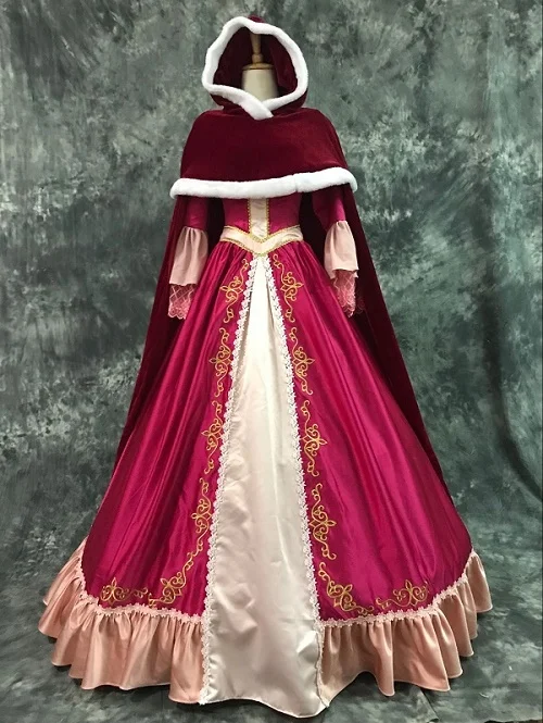 Рождественское платье на Хэллоуин; костюм принцессы для косплея; костюм Красавица и Чудовище; костюм Белль; шляпка для косплея; красное платье Белль - Цвет: Whole set