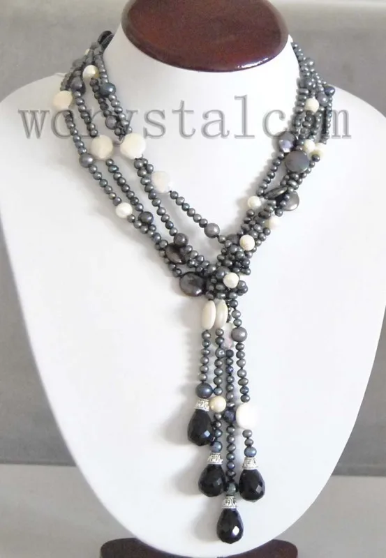 

Vintage Long Black Pearls White Coin Bead Lariat Necklace