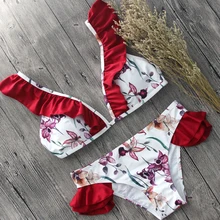 Retro Printed Floral Bikini Set Women Ruffles Padded Bra Bandage Push Up Triangle Wine Red Swimsuit Womens Swimwear Bathing Suit blue random floral printed triangle bikini set