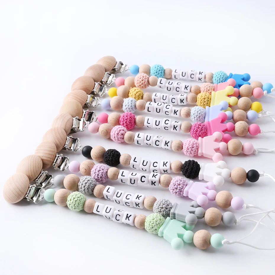 1PC Pacifier Chain Silicone Koala Crown Wooden Beads Binky Clip Customized Baby Name Baby Gifts DIY Baby Pacifier Clip Teether