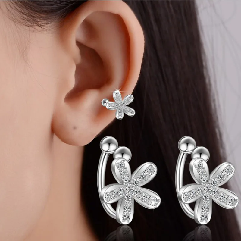 

KOFSAC New Fashion CZ Flower 925 Sterling Silver Ear Cuff Earrings For Women Hot Non Piercing Cartilage Ear Clip Jewelry Gifts