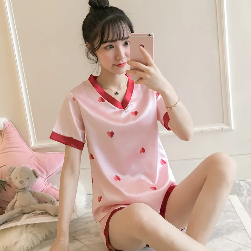 Pajama girls summer ice silk short sleeves two pieces of suit Korean fresh sweet lovely students thin silk home clothes - Цвет: W