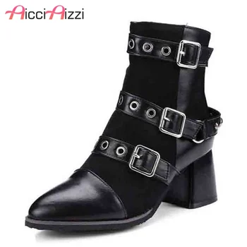 

ZALAVOR Plus Size 33-48 Womens Sexy Boots Belt Buckle Rivets Punk Style Winter Warm Ankle Boots Shoes Women Zipper Boot