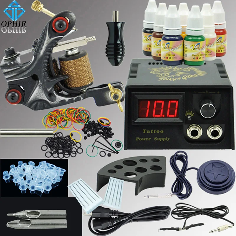 

OPHIR Complete Tattoo Kit Liner Shader Tattoo Machine Gun 7 Colors Tattoo Ink Needle Nozzle Grip for Beginner Body Art _TA002