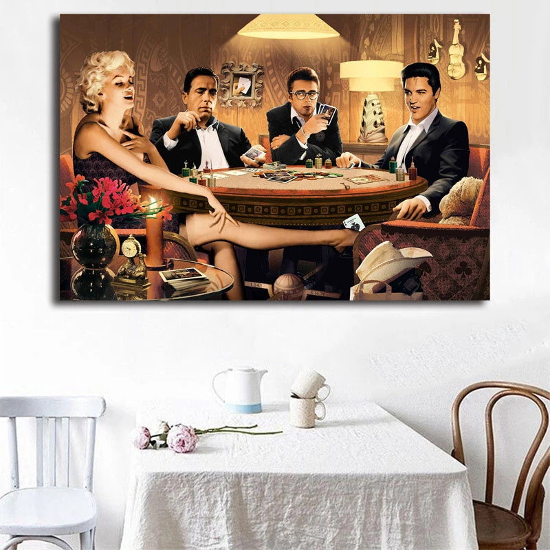 Marilyns Monroes James Dean Elvises Presleys играющие в покер HD художественный холст постер картина