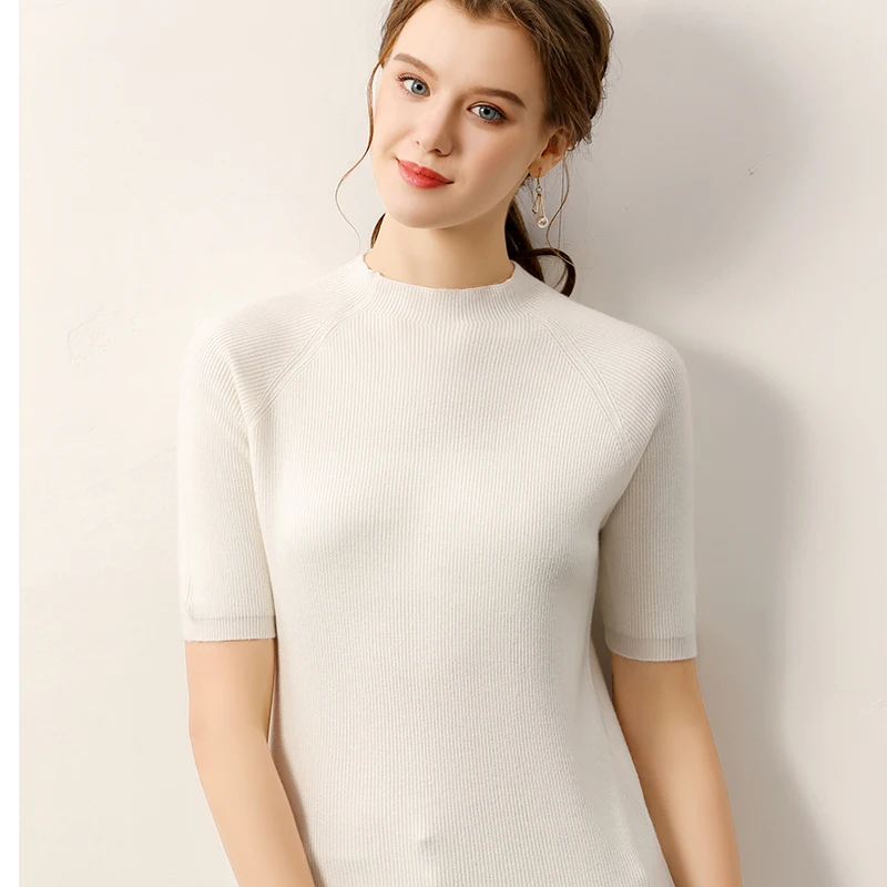 Litvriyh summer lady knitted top female pullovers short sleeve half high collar women sweater and pullovers women jumper femme