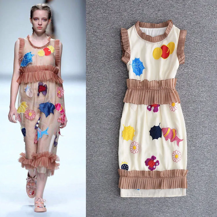 

Euro-American Style Spring 2019 Women's Wear Show-style Round-collar Sleeveless Pleated Embroidered Mid-long Dresses Women