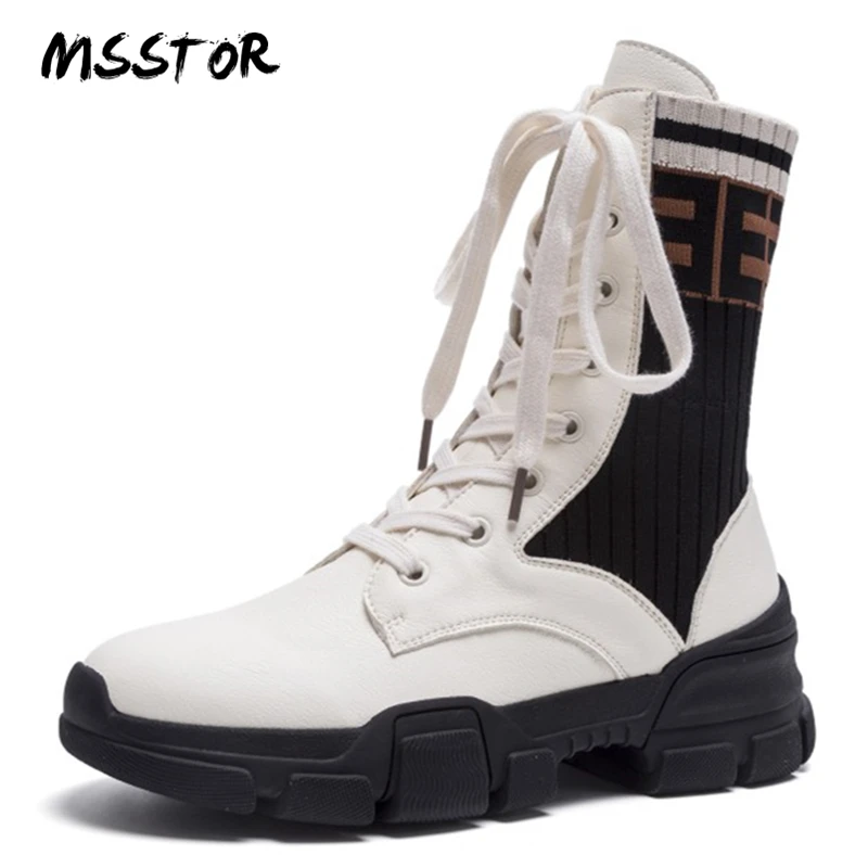 

MSSTOR Mixed Colors Martens Boots New 2018 Round Toe Plus Size Women 42 Wedge Knitting Ankle Boots Lace Shoes Shoes Woman Winter