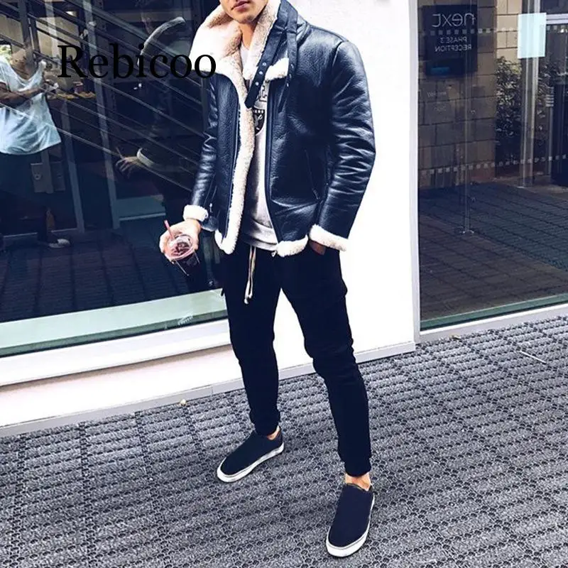 

Rebicoo 2019 New Winter Men's Leather Solid Color Zip Jacket Cardigan Jacket