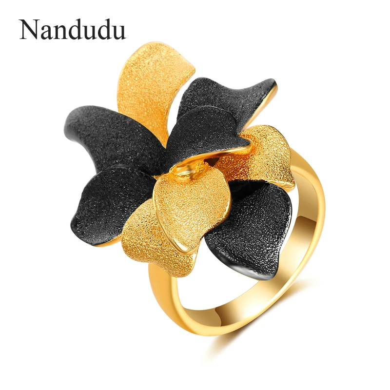 Nandudu Black & Gold Petal Flowers Rings Accessories Fashion Jewelry Gift for Christmas New Year Women Girl Party Ring R1921
