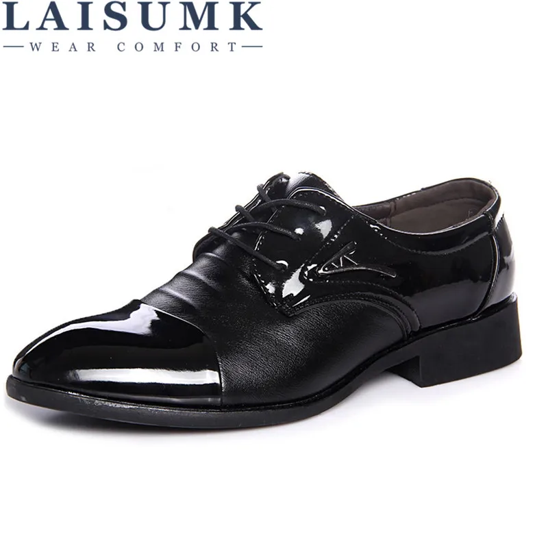 

2019 LAISUMK Fashion Wedding Shoes Men Pointed Toe Oxfords Dress Leather Shoes Formal Zapatos Hombre Big Size 38-44