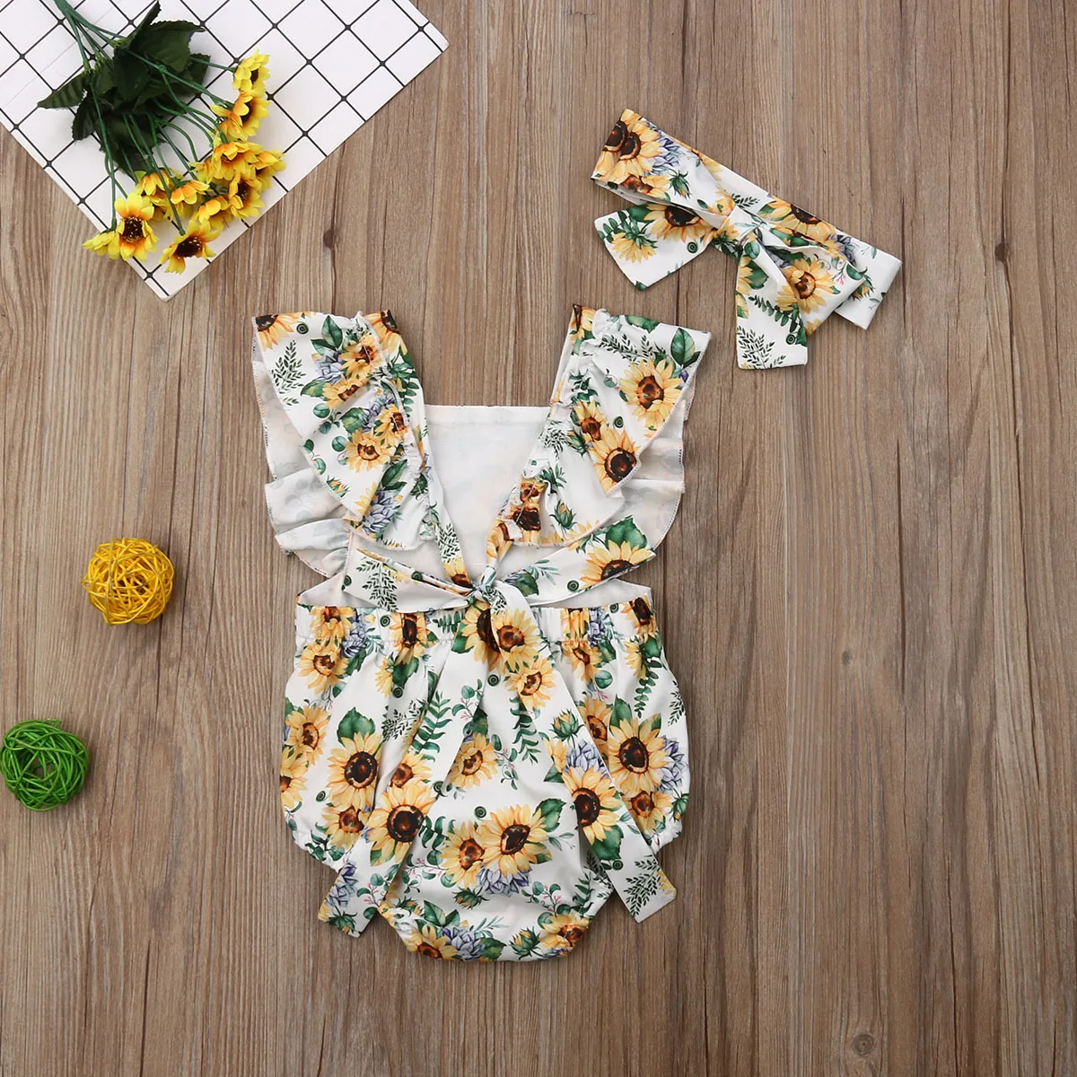 عباد الشمس الطفل الفتيات رومبير بذلة Playsuit الرضع الاطفال أكمام واحدة قطعة Sunsuit وتتسابق ملابس الصيف