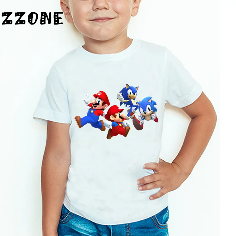 Детская забавная футболка с изображением героев мультфильма «Соник Ежик с Марио» летние топы для мальчиков и девочек с принтом «Super Mario Bros», одежда для малышей HKP5135