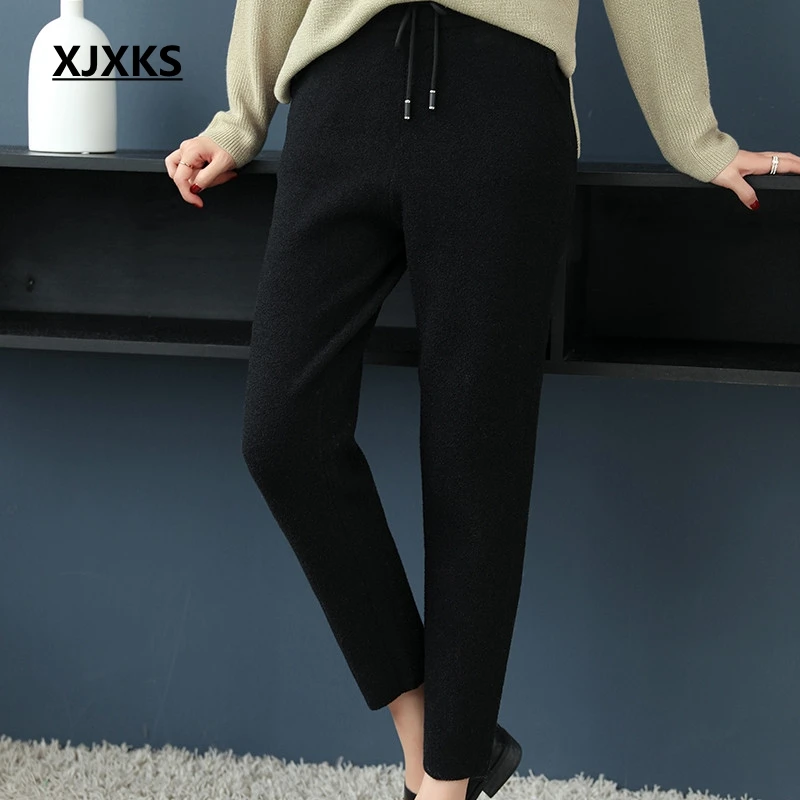 

XJXKS Young ladies trousers 2018 autumn women fashion harem pants high-ends wool and cashmere knit wear womens korean pants