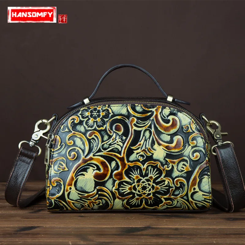 

BJYL New Genuine leather retro Women handbags Fashion embossed wiped female shoulder sloping layer cowhide messenger bags