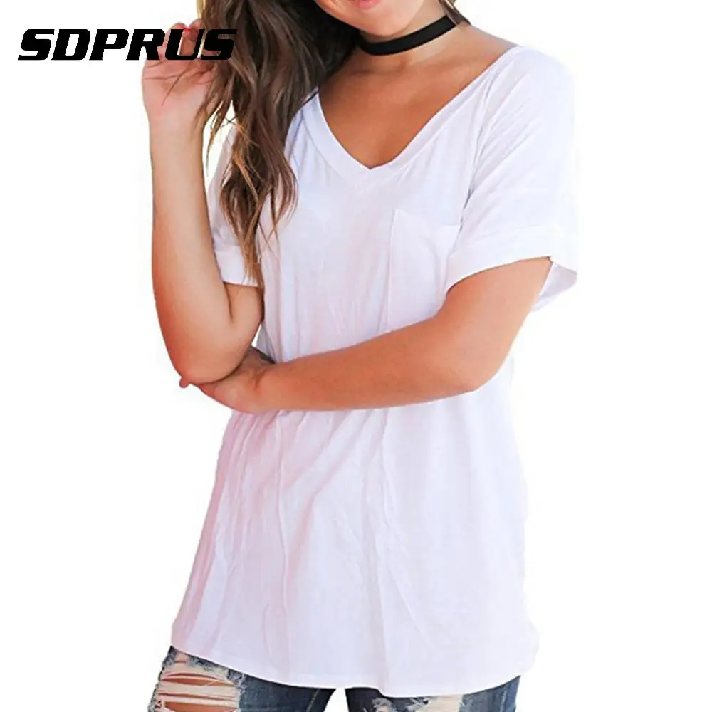 Casual Women T shirt Curved Hem Loose V neck Side Slit Tee Shirt Tops