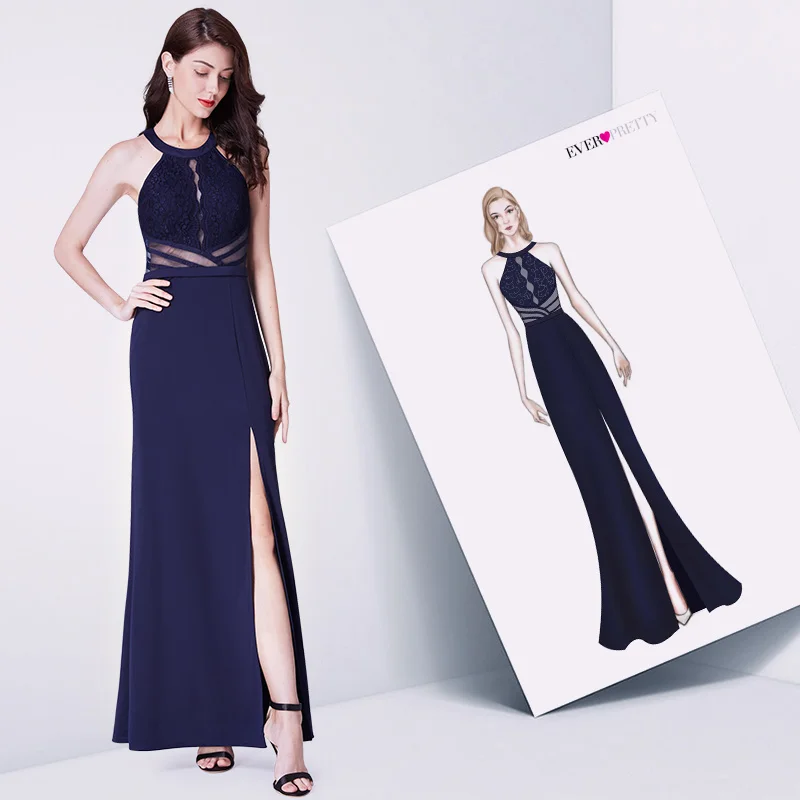 

Navy Blue Evening Prom Dress Ever Pretty EP07390NB Vestidos De Fiesta Elegant A Line Off Shoulder Cut-Out Formal Gowns With Slit