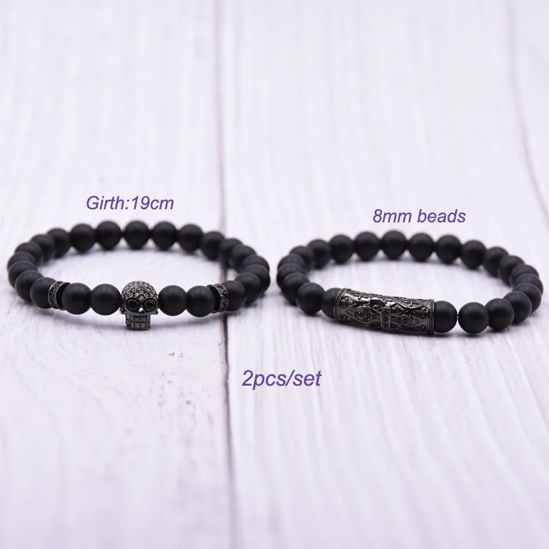 

Kang hua 2019 2Pcs/Set Trendy 8mm Matte Black beads stone Bracelet Pave CZ 4 color skull tube Handmade DIY Bracelets jewelry