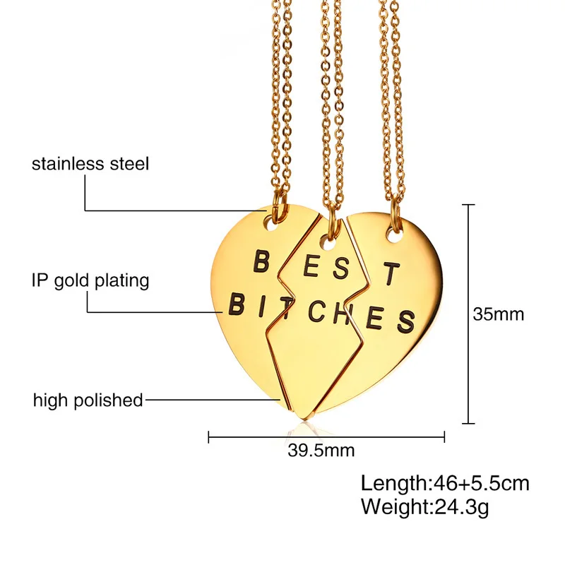 Modyle цвета: золотистый, серебристый Нержавеющая сталь сердце Запчасти "комплект брелков Best Bitches" кулон Цепочки и ожерелья для лучшей подруги