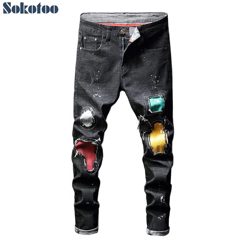 Sokotoo Men's trendy colored patchwork painted stretch jeans Fashion skinny pencil pants Sokotoo Men's trendy colored patchwork painted stretch jeans Fashion skinny pencil pants