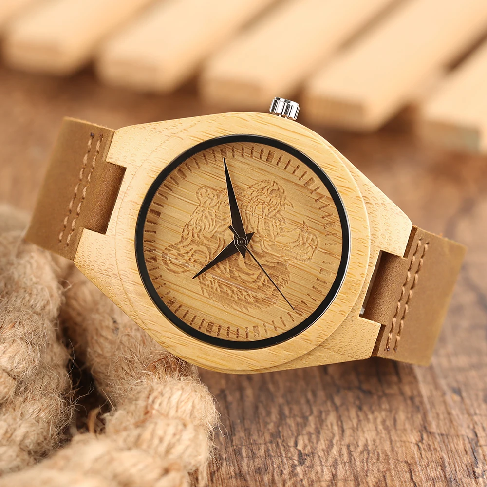 Tiger Head Theme Bamboo Wooden Wrist Watch Casual Nature Creative Wood Sport Quartz Watches Analog Clock for Men Women (9)