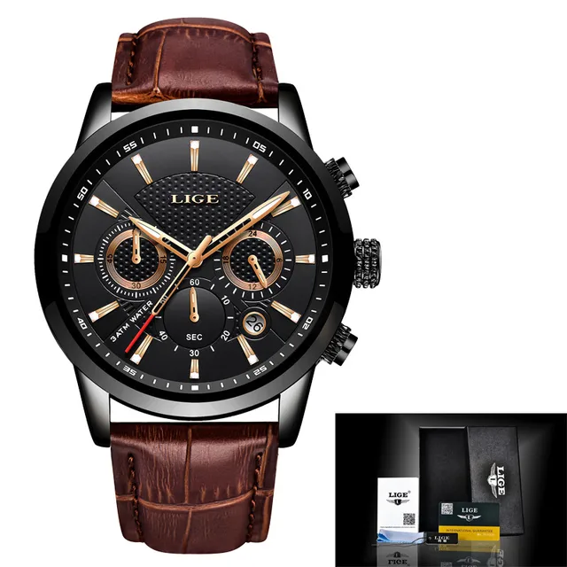 LIGE Men Watches 2022 New Fashion Leather Waterproof Luminous Top Brand Luxury Mens Quartz Wristwatch Men Relogio Masculino+box All black L