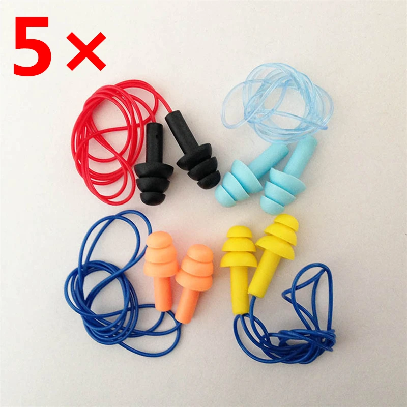 5 Pairs Waterproof Soft Silicone Corded Ear Plugs Travel Sleep Noise
