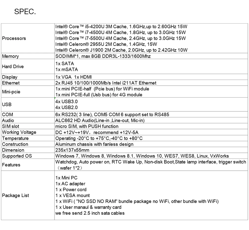 Без вентилятора i7-4500U мини-ПК Windows 8 GB Оперативная память 120 GB SSD двойной Gigabit Ethernet Wi-Fi 6 * RS232/485 8 * USB HDMI VGA промышленных Minipc