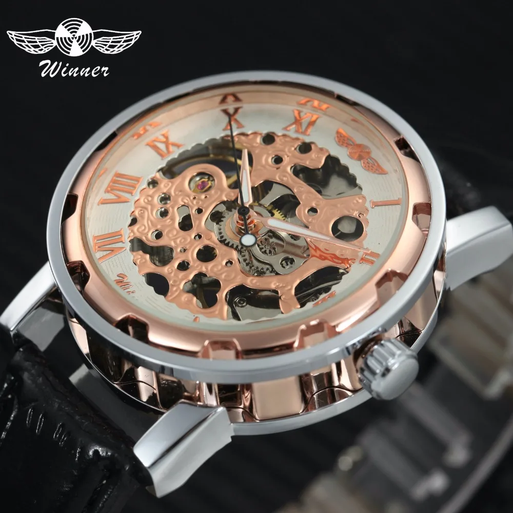 

WINNER Official Luxury Unisex Men Women Watches Skeleton Mechanical Roman Numeral Leather Strap Couple Watch Relogio Feminino