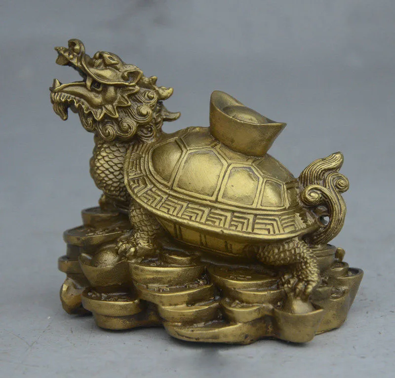 

Folk Chinese FengShui Brass Wealth YuanBao Coin longevity Dragon Turtle Statue