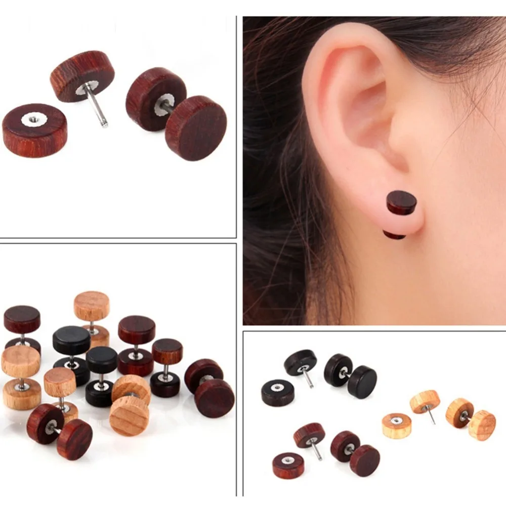 

2pcs Hip Hop Double Sided Wooden Stainless Steel Ear Piercings Stud For Women Men Barbell Earrings Body Jewelry 6 8 10 12mm