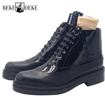 

Top Brand Mens Thick Platform Lace Up Oxfords Handmade Cowhide Real Leather Military Boots Height Increasing Motor Biker Shoes