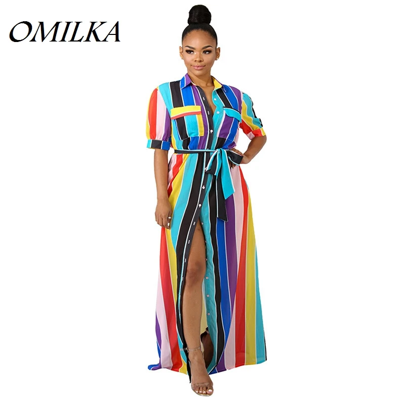 

OMILKA 2018 Summer Women Half Sleeve Striped Printed Bandage Dress Casual Front Button Club Party Plus Size Shirt Long Dress